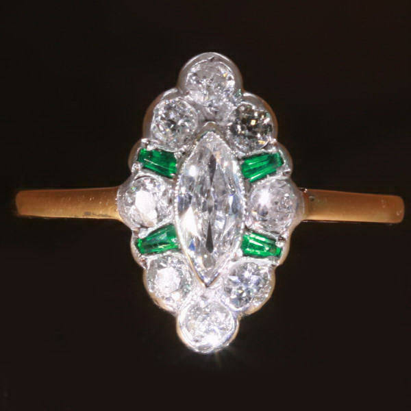 Antique marquise diamond engagement ring emerald